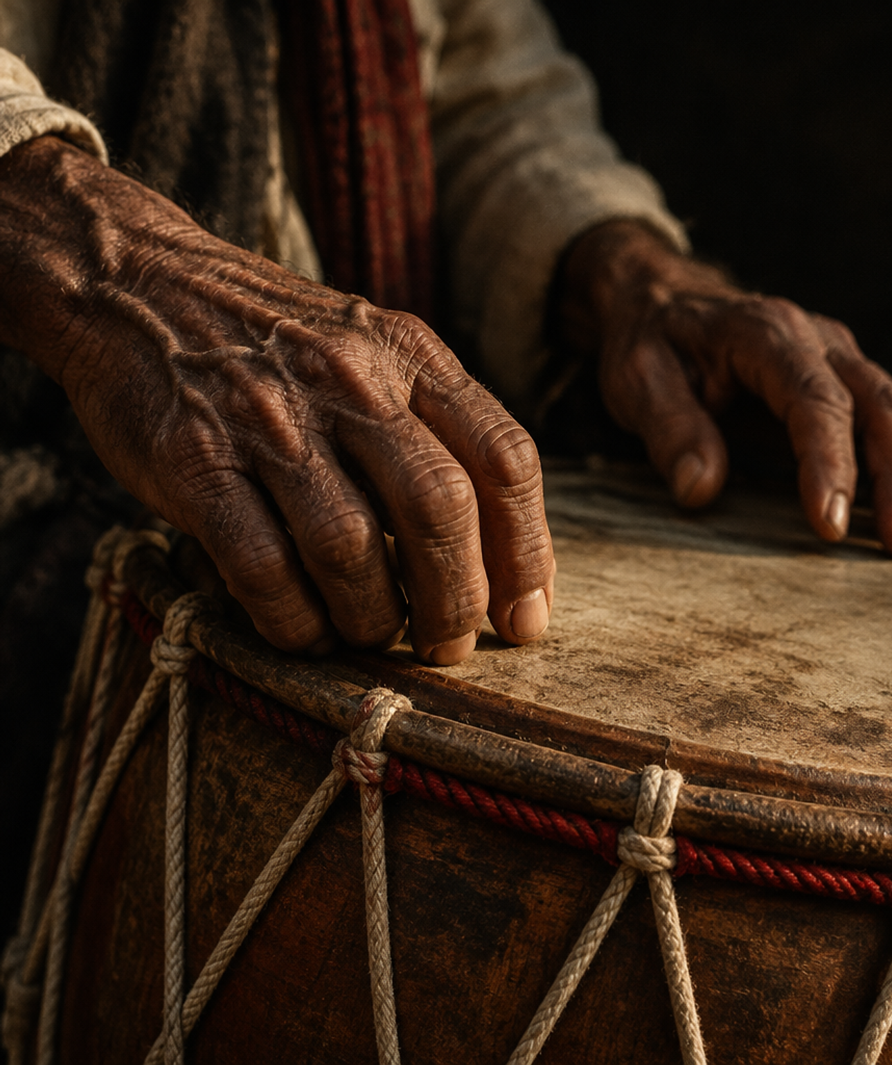 Weathered hands on a drum rope