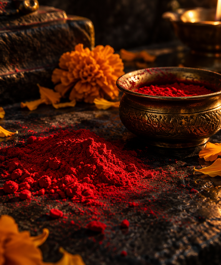 Vermillion sindoor with brass bowl and marigolds